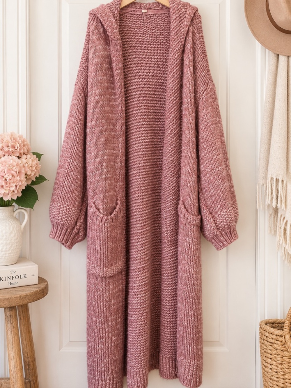 Free People Dusty Rose Chunky Knit Hooded Maxi Cardigan Size XL